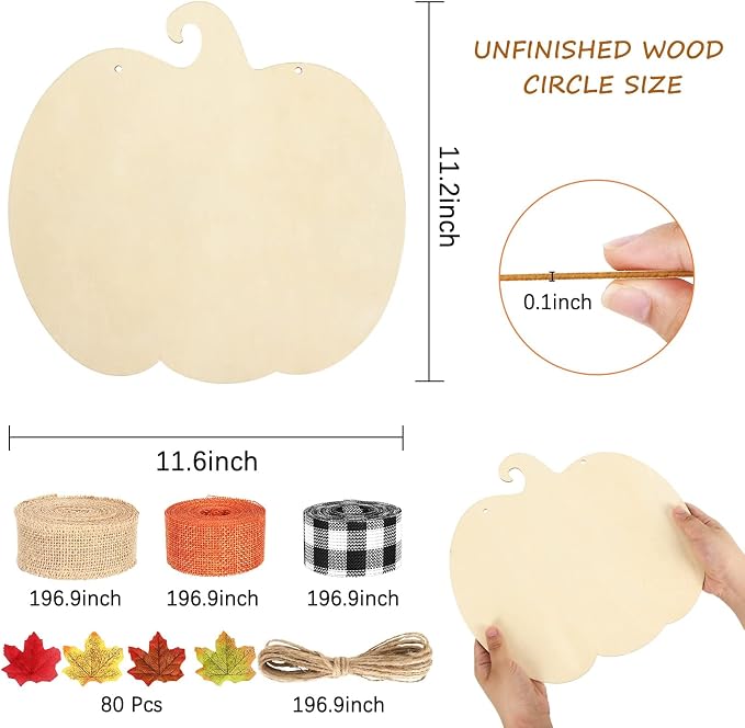 Whaline 5 Pcs Fall Pumpkin Unfinished Wood Cutout with 80 Pcs Fake Maple Leaves Ribbons 12 x 0.1 Inch Autumn Pumpkin Wooden Slices with Hemp Rope for Thanksgiving Halloween DIY Crafts Home Decor