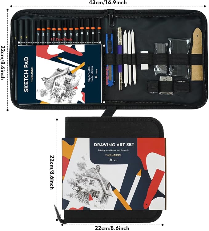 Tavolozza Drawing Art Pencils Set, 34 Pack Professional Drawing and Sketch Pencil Set in Soft-Sided Art Portfolio Storage Bags for Kids, Teens and Adults.