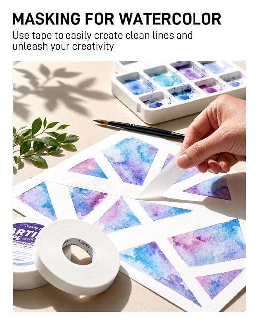 JusArt Artist Tape for Watercolor Paper, 1/2 inch and 1 inch Wide | 2-Roll Combo Pack, for Masking, Drafting and Painting, White Art Tape, Acid Free, Low Tack