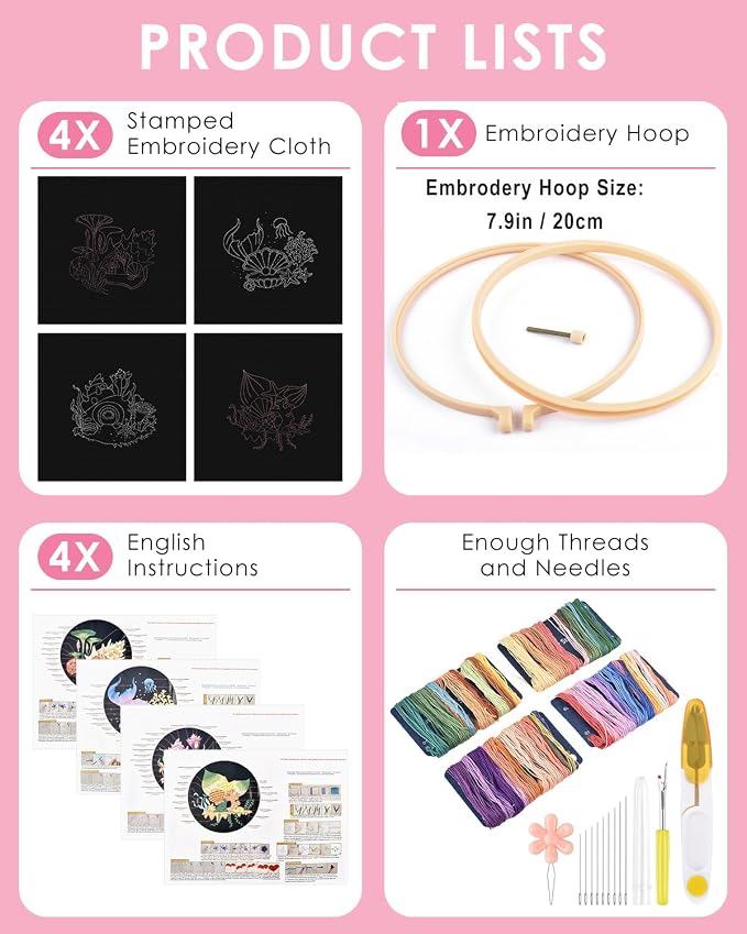 TINDTOP 4 Pack Embroidery Kit for Adult, Embroidery DIY Starter Kit