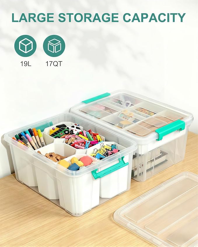 EOENVIVS Clear Storage Boxes with 6 Tall Inserts, Large Plastic Organizer Box with Lid and Handles, 15.94x11.61x7.28 Inches, Multi-Functional Container for Cosmetics, Toys, School Supplies