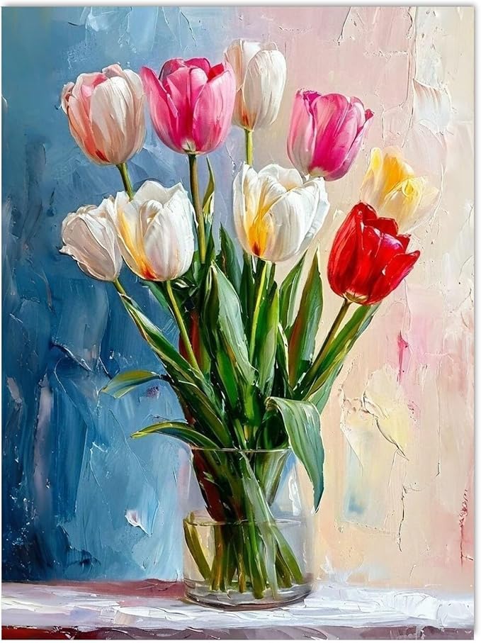Gemozaic Tulip Paint by Numbers Kit for Adults, Rolled Canvas, 12 x 16 in | Easy Floral Paint by Number for Beginners, DIY Acrylic Numbers Painting for Home Wall Decor, Gift, Unframed, Rolled-up Pack