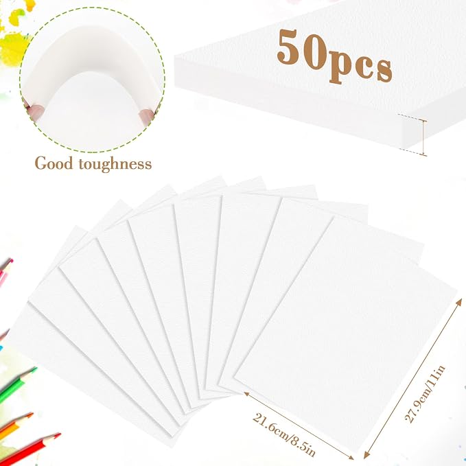 50PCS 8.5x11 Watercolor Paper Bulk, 140lb/300g Cold Press Thick Water Color Paper Pad for Child Adult, White Art Paper for Drawing Painting Markers Gouache, Textured Cotton Paper Sheets