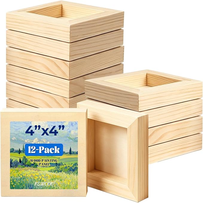 FSWCCK 12 Pack 4 x 4’’ Wooden Panel Boards, 0.79’’ Deep Unfinished Wood Canvas Panels for Crafts, Painting Canvas, DIY Art Projects, Pouring Arts
