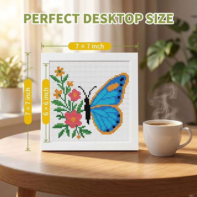 Butterfly Stamped Cross Stitch Kits for Beginners Adults with Framed | Flower Needlepoint Counted Cross Stitch Kits for Beginners Adults with Framed Embroidery Kits Arts and Crafts 6 x 6 inch