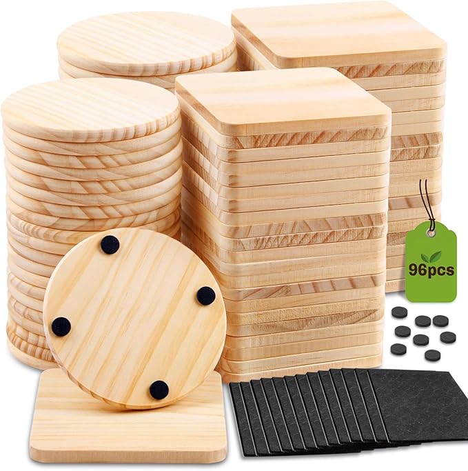 96 pcs Unfinished Wood Coasters for Crafts,Cymuber 4 Inch Blank Wooden Coasters,Blank Coaster with Non Slip Pad for DIY Stained Painting Wood Engraving Wedding Halloween Christmas Home Decoration