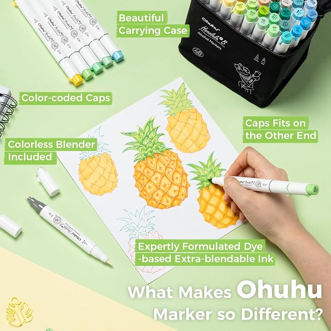 Ohuhu Alcohol Markers Brush& Fine 48 Colors for Adults Coloring Refillable | AP Certified Art Marker Set, Dual Tips Alcohol-based for Artists Beginners Drawing Illustration Sketching, Honolulu 2B