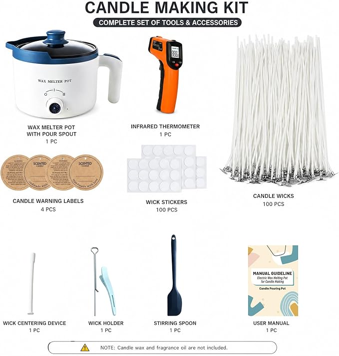 KQU Electric Wax Melting Pot with Non-Touch Thermometer(Without Battery) | 1.5Qt Wax Melter Pot for Candle Making Includes Infrared Thermometer,100 Cotton Wicks,Wick Set and Manual Instruction
