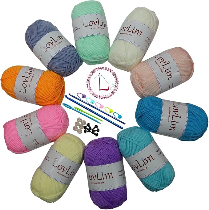 Milk-Cotton Crochet Yarn Kit, 10x50g Skeins DK Weight, 1250+ Yards, Hooks, Needles & Safety Eyes, 40+ Free Patterns, for Amigurumi, Crocheting & Knitting - Pastel Palette