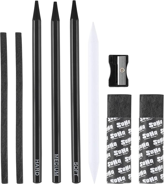 Soho Urban Artist Charcoal Drawing Set - Drawing Charcoal for Artists, Students, Blending, Live Figure Drawing, & More! - [Black - Drawing Set]