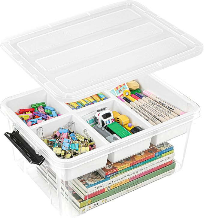 EOENVIVS 17 QT Clear Craft Storage Organizer Box with Removable Tray, Plastic Storage Bins with lids for Kids Art Supplies, Toys, Beads, Tools, Sewing & Classroom Clear+Black Bulcket