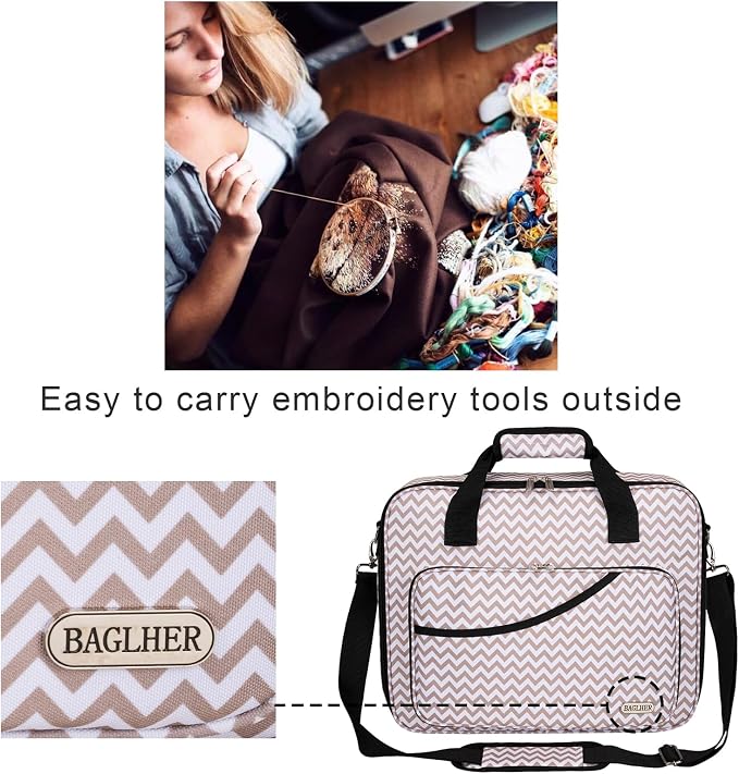 BAGLHER Cross Stitch & Embroidery Organizer Bag - Large Portable Project Storage with 3 Compartments, Travel Friendly Carrying Case for 11.2" Hoops, Threads, Supplies (Stripe)