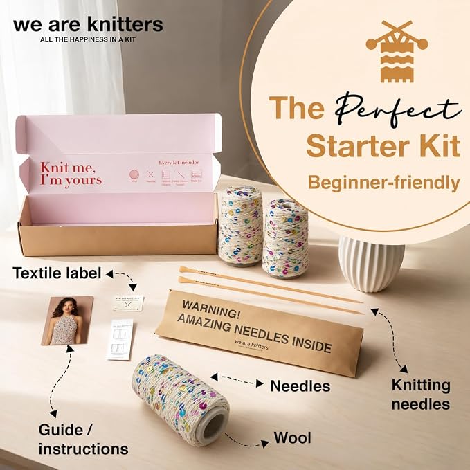 We Are Knitters Briolette Top Knitting Kit | Limited Edition DIY Knitting Kit for Women | Beginner-Friendly Top Kit with 3 Dancing Queen Opalite Cotton Yarn, Pattern & 1 Needles