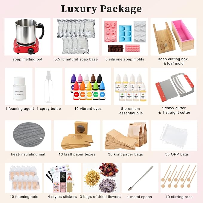 100+ Pcs Deluxe Soap Making Kit, 5.5lb Natural Soap Base with Soap Melting Pot, 8 Essential Oils, 10 Dyes, 5 Soap Molds, etc., All-in-One DIY Soap Making Supplies for Beginners