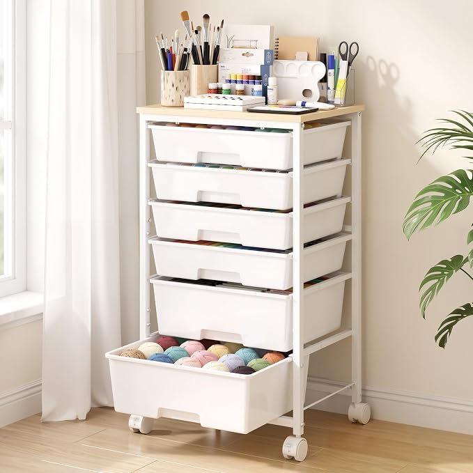 Delamu Rolling Storage Cart with 6 Drawers, Utility Craft Storage Cart | Storage Drawers Cart with Wooden Tabletop and Lockable Casters for Classroom Office Dorm Craft Art Supplie, White
