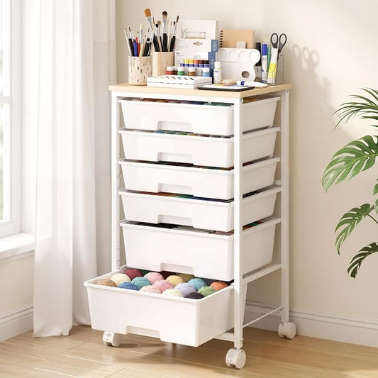 Delamu Rolling Storage Cart with 6 Drawers, Utility Craft Storage Cart | Storage Drawers Cart with Wooden Tabletop and Lockable Casters for Classroom Office Dorm Craft Art Supplie, White