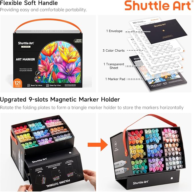 Shuttle Art Brush Tip Alcohol Markers, Dual Tip Brush & Chisel Tip Art Marker Set, 121 Colors Marker Pens with Organized Case Perfect for Illustration Kids Students Adults Coloring Sketching