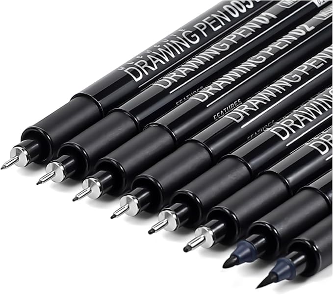 Muchcute Micro Fineliner Drawing Art Pens: 8 Black Artist Supplies Adults | Waterproof Archival Ink Set Fine Line Markers Liner,Sketch Outline Anime Gifts Manga Sketching Watercolor Zentangle Kit Stuff