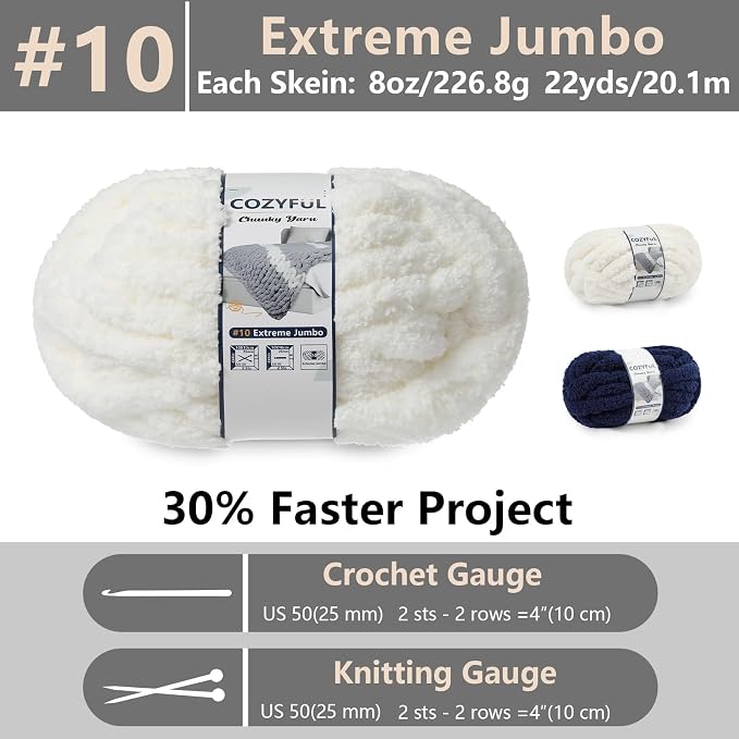 Cozyful Chunky Yarn for Hand Knitting - #10 Chunky Chenille Yarn, Jumbo Big Thick Chunky Yarns for Crocheting, Super Bulky Chunky Knit Blanket Yarns, 8 Skein (22yd, 8oz/Skein), Cream & Navy