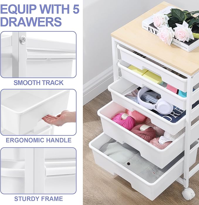 SYKIARIOL Rolling Cart with Drawers, 5 Drawers Utility Cart, Bright White | 5-Tiers Storage Cart with Drawers with Wooden Top for Craft Organizers and Storage,Home Office,Classroom,Dorm