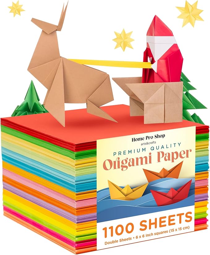 Home Pro Shop Origami Paper - 1100 Sheets | Double Sided 6x6 inches Origami Squares for Kids, 15 Vibrant Colors, Easy Fold Paper for Arts & Crafts