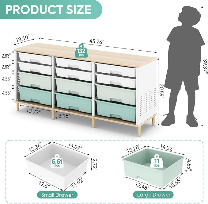 TOOLF 12 Drawers Storage Cabinet with Wooden Top and Plastic Bins,Green | Toy Shelf Storage Chest Cubby Organizer, for Home, Office, Playroom, Classroom & Craft Room