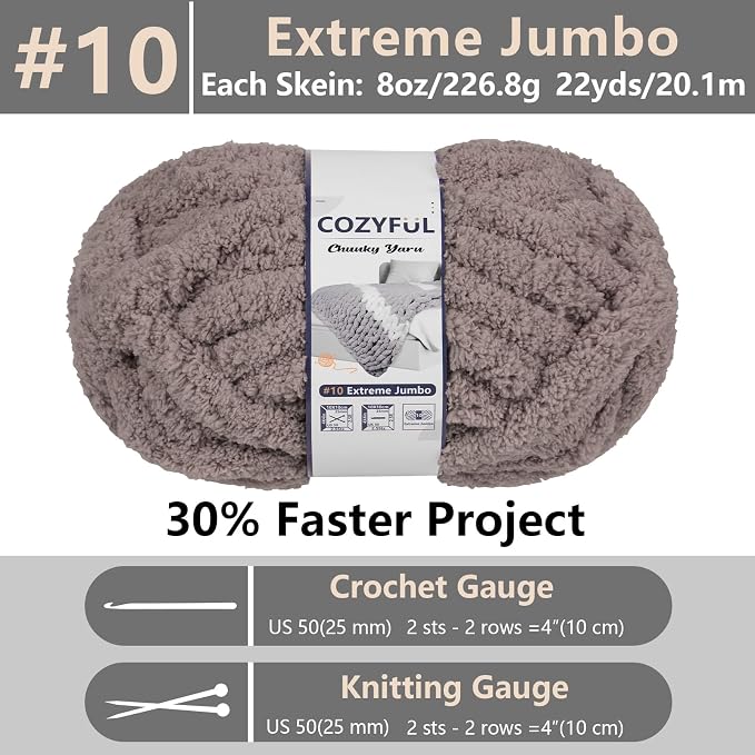 Cozyful Chunky Yarn for Hand Knitting - #10 Chunky Chenille Yarn, Jumbo Big Thick Chunky Yarns for Crocheting, Super Bulky Chunky Knit Blanket Yarns, 8 Skein (22 yds 8 oz Each Skein), Sand