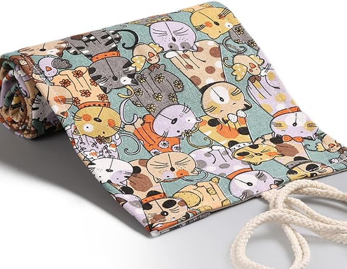 DIYOMR 24/36/72 Slots Pencil Wrap Pencil Rolls, Artist Colored Pencils Roll Up Bag Short Brushes Pouch Case Pencils Organizer for Drawing Coloring and Sketching, NO PENCILS (Cuddly Cat, 36slots)