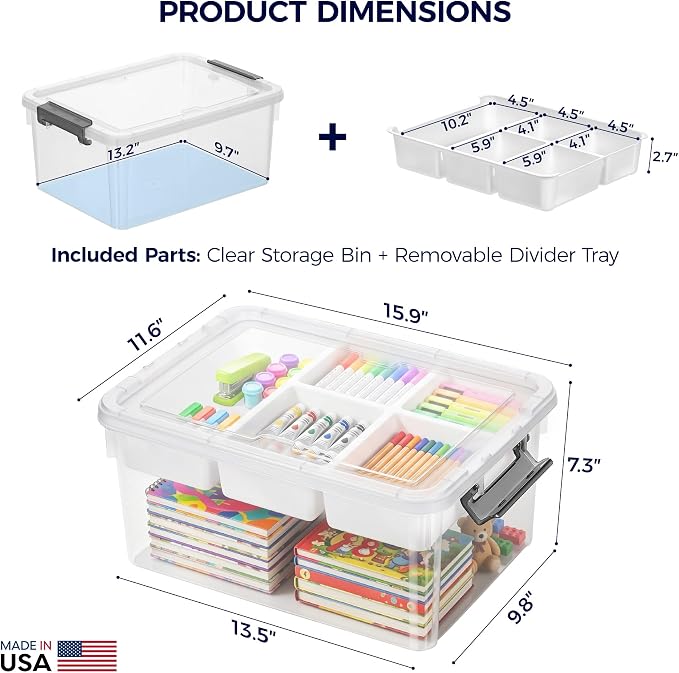 17QT 2Packs Clear Craft Organizers and Storage with Fixed-Compartment Tray, Art Supply Organizers and Storage, Craft Storage Bins with Lids for Beads, Markers, Playdoh, Tools and Coloring Books