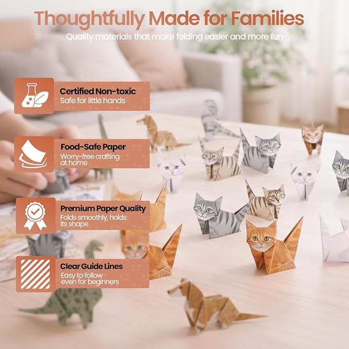 Paper Cats Origami Kit for Adults – Origami Cats, Dogs & Dinosaurs with 135 Sheets + 60 Cat Stickers | Japanese Paper Craft Set | Mindful Creative hobby & Gift for Cat Lovers, Beginners and Hobbyists