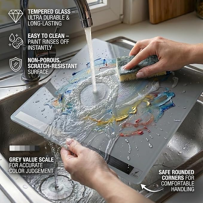 12x16 Inch Tempered Glass Palette for Oil & Acrylic Painting, Neutral Grey with Built-in Value Scale, Water Washable Easy-Clean Surface, Scratch-Resistant Color Mixing Palette