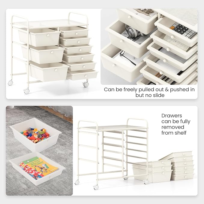 Giantex 9 Drawers Rolling Cart, Classroom Organizers, Storage Cart with Wheels, for Teacher Office Home School Supplies Tool Craft Art Paper, Ivory