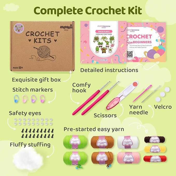 Mewaii Crochet Kit for Beginners, 9 Pack Plant Kit Craft Set | 40% Extra Yarn, Video Tutorial, Pre-Started Piece, Beginner Friendly, Family Craft Gift for Adults & Kids