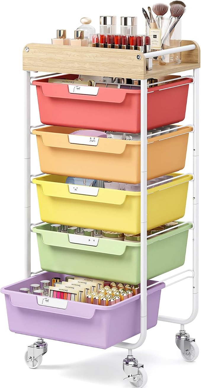SYKIARIOL Utility Cart with 5 Labeling Drawers and Wooden Tabletop | Rolling Storage Cart for Crafters, Artists, Kids, Teachers, and Students – Organize Arts, Crafts, Sewing & Study Supplies