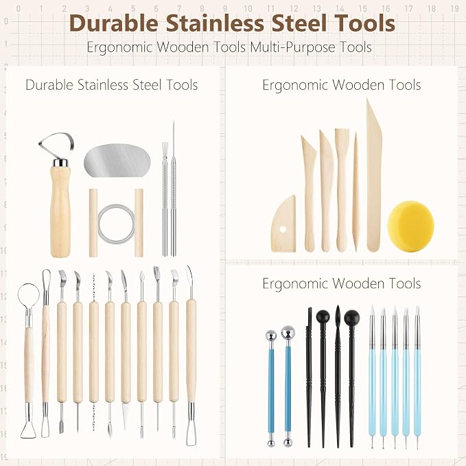 UUSYCUN 36PCS Pottery & Clay Sculpting Tools, Ceramics Polymer Tools Set, Clay Modeling Tools with Case for Air Dry Clay, Carving, Molding, Pottery Wheel, Crafting Supplies, Pros, Beginners, Adults