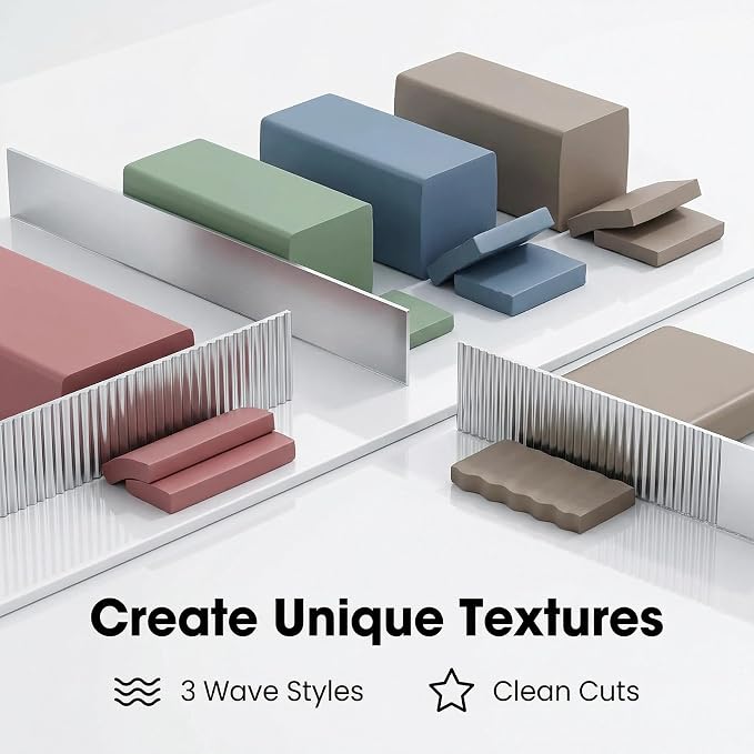 Polymer Clay Cutters - Premium Stainless Steel Clay Cutting Tools Set with 2 Straight Tissue Blades for Polymer Clay, 3 Curved Wave Blades, Professional Clay Slicing Tool Kit -Protect Fingers