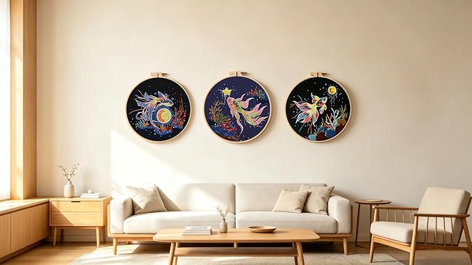 Konrisa Stamped Embroidery Kit for Adults, 3 Set Elegant Goldfish DIY Sewing Needlepoint Cross Stitch Kit with Embroidery Floss,Hoops,Color Thread,Needle,1 pc Hoop