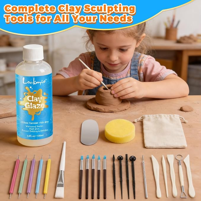 3.4FL OZ Air Dry Clay Glaze & 25pcs Tools Kit, Gloss Protective Sealant | Prevents Cracking, Scratching & Wear, Dotting Tools, Air Dry Clay Sculpting Tools for Carving, Stippling, Molding & Shaping