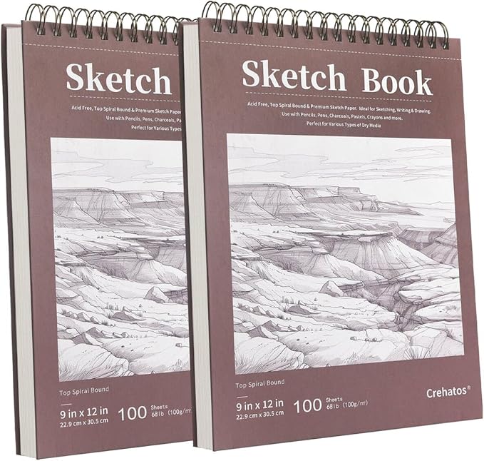 Crehatos 9" x 12" Sketch Book 100 Sheets Each, 2 Pack | Top Spiral Bound Sketch Pad, 68lb/100gsm Drawing Paper for Dry Media