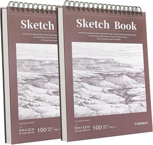 Crehatos 9" x 12" Sketch Book 100 Sheets Each, 2 Pack | Top Spiral Bound Sketch Pad, 68lb/100gsm Drawing Paper for Dry Media