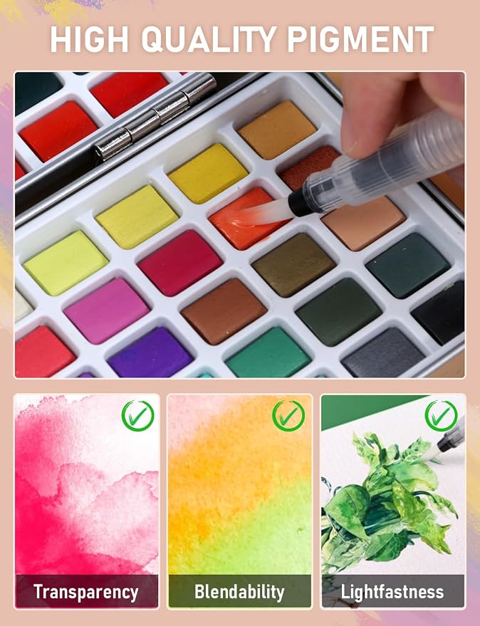 Nicpro 100 Colors Watercolor Paint Set, Metallic Macaron & Fluorescent | 8 Synthetic Squirrel Brushes, 25 Watercolor Paper, Palette, Art Supplies Kit for Artist Adult Beginner with Gift Box