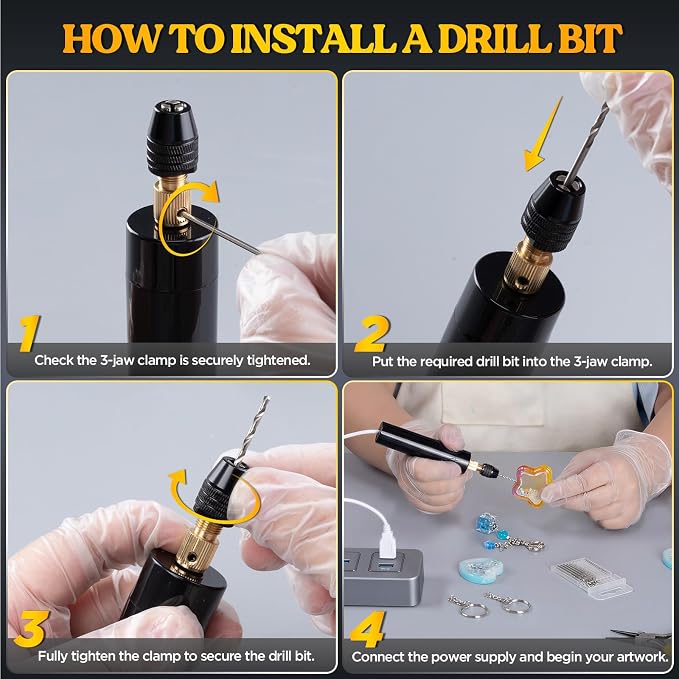 LET'S RESIN Electric Drill, 74Pcs Mini Drills with 3-Jaw Clamp&10 Drill Bit | Electric Resin Drill with 3-jaw Chuck 0-3mm Adjustable Range, Keychain Making Kit, Jewelry Making Kit, Electric Hand Drill