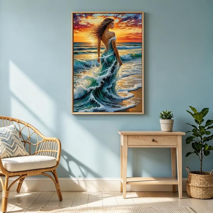 5D Ocean Wave Woman Diamond Art kits for Adults Beginners 12x16inch | Fantasy Beach Sunset Lady Diamond Painting Kit, DIY Full Round Drill Paint by Diamonds Dot Gem Art for Adult, Home Wall Decor