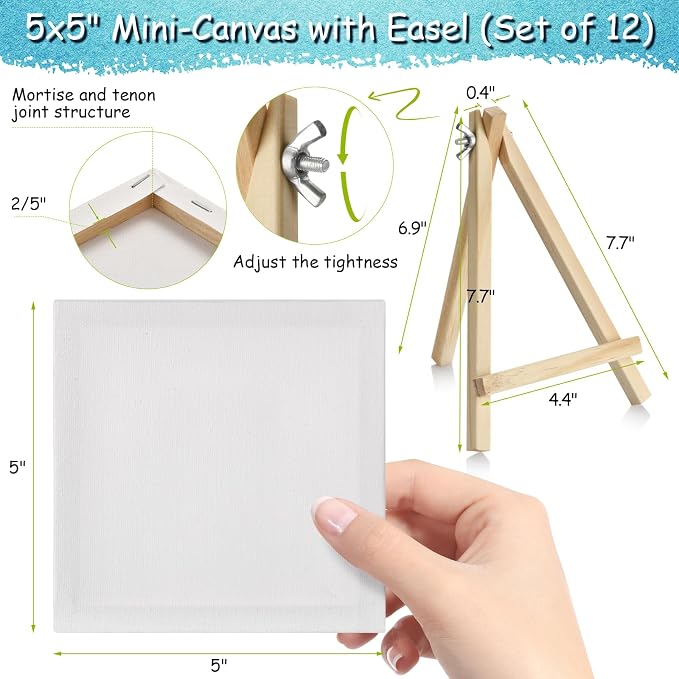12PCS Mini Canvas & Easel Set – 5 x 5 in Small Square Stretched Canvases and 7.7 x 4.4 in Easel, 0.4 in Thick Blank Canvases for Students, Art Supplies, School & Home Crafts