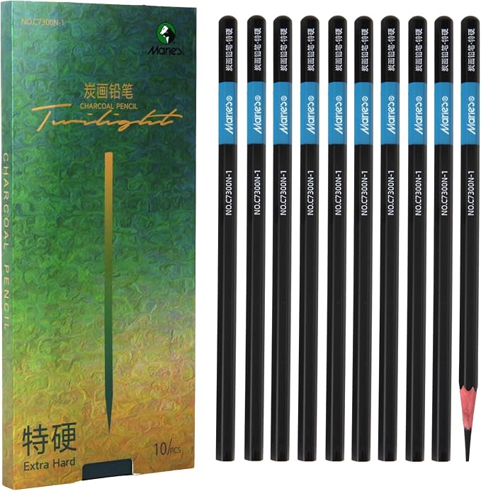 Marie's Charcoal Pencils for Drawing, 10 Pieces, Extra Hard Hard Medium Soft Extra Soft, Sketching Pencils for Artists, Smooth Charcoal Core for Layering, Blending and Detailed Artwork(Extra Hard)