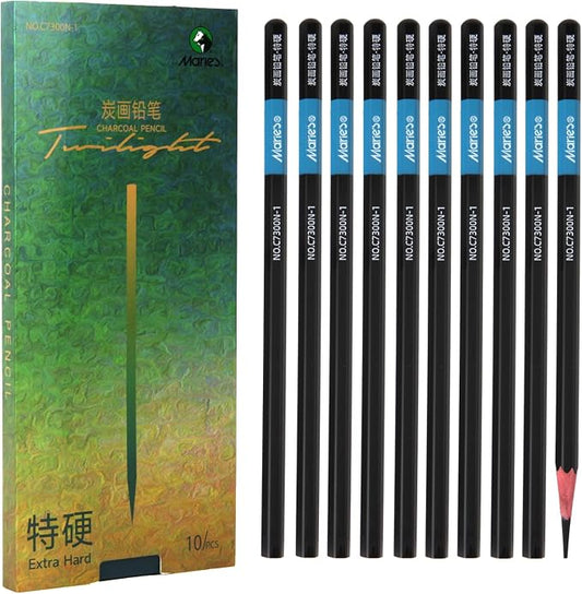 Marie's Charcoal Pencils for Drawing, 10 Pieces, Extra Hard Hard Medium Soft Extra Soft, Sketching Pencils for Artists, Smooth Charcoal Core for Layering, Blending and Detailed Artwork(Extra Hard)