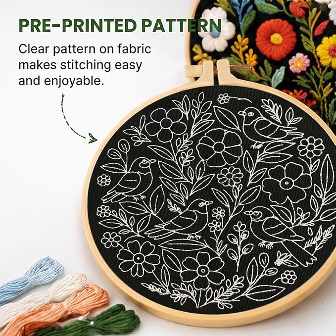 Bird Embroidery Kit for Beginners, Floral Hand Embroidery Starter Kit with 6 Inch Hoops, Pre-Printed Patterns Cloth, Needles, Threads & Accessories, DIY Embroidery Starter Kit for Women Craft Lovers