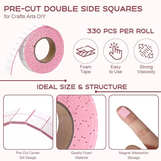 330 PCS Double Sided Foam Tape Pre Cut 1/2 X 2/5 Inch Small Adhesive Foam Squares for Crafts Thin Foam Craft Tape Split for Arts Crafts Sewing Scrapbook DIY Christmas (Tape with Box, Pink)