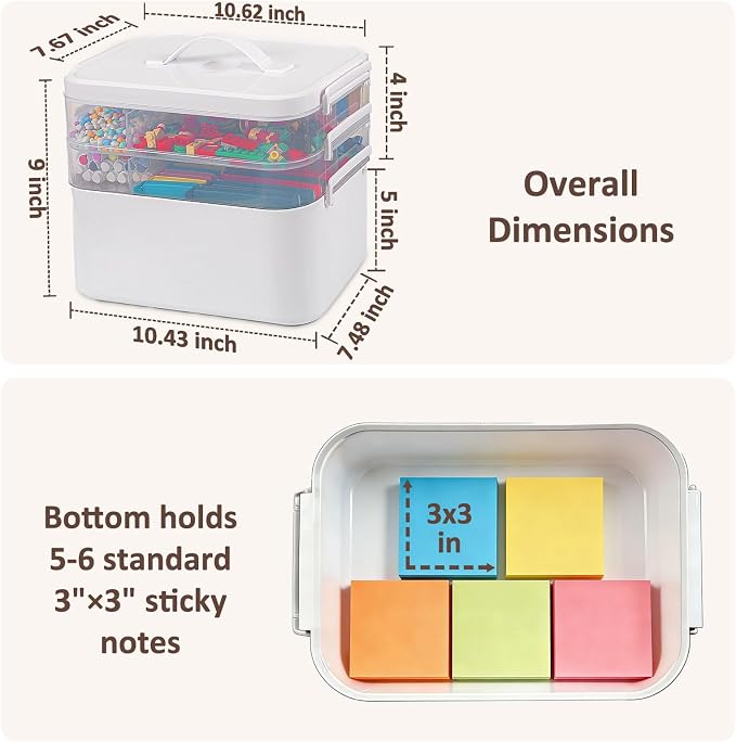 3-Layer Plastic Craft Organizers and Storage Box with Removable Trays, Storage Containers with lids and Handle, Art Supply Storage Organizer for Bead, Ornament, Nail Polish, Tape（10.62"x9"x7.67"）