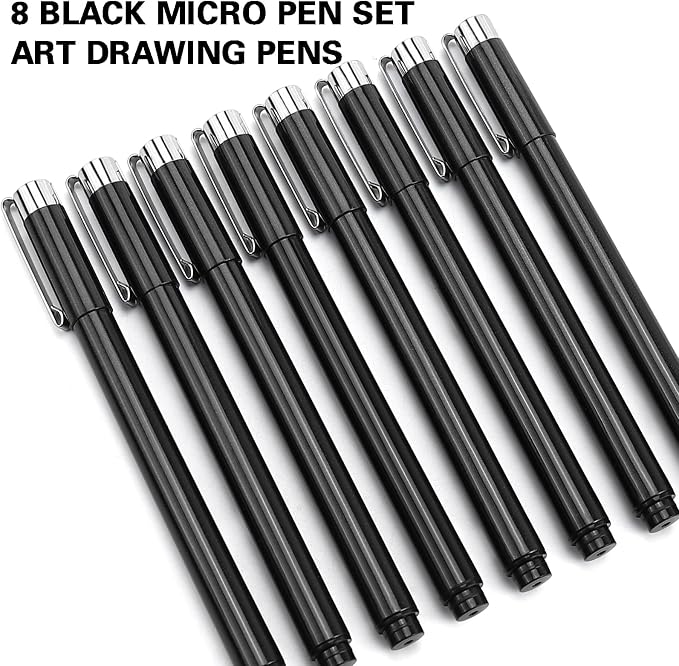 Muchcute Micro Fineliner Drawing Art Pens: 8 Black Artist Supplies Adults | Waterproof Archival Ink Set Fine Line Markers Liner,Sketch Outline Anime Gifts Manga Sketching Watercolor Zentangle Kit Stuff